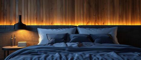 Blue Quilted Bedspread With Pillows in a Modern Bedroom at Night photo
