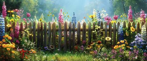 Wooden Fence Surrounded by Blooming Wildflowers on a Sunny Day photo
