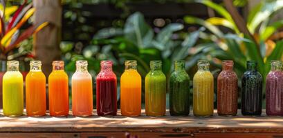 Colorful Glass Bottles of Juice Lined Up on Wooden Table With Green Plants in Background photo