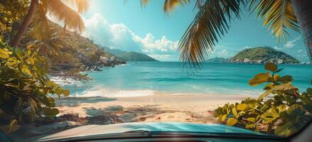 Tropical Beach View From Car Windshield on Sunny Day photo