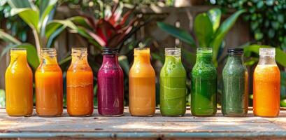 Colorful Glass Bottles of Juice Lined Up on Wooden Table With Green Plants in Background photo