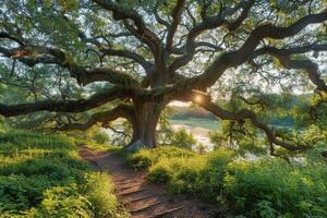 A Stone Path Leads Through Lush Green Gardens Under a Majestic Oak Tree photo
