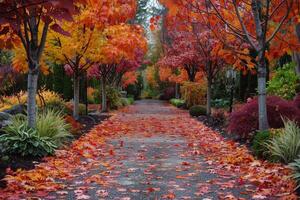 Fall Foliage Path With Vibrant Red and Yellow Leaves photo