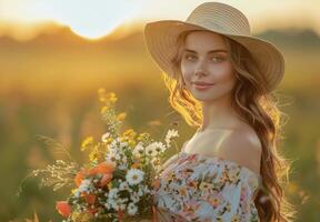 Woman Holding Bouquet of Wildflowers in a Field at Sunset photo
