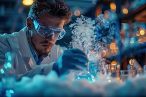 Focused Male Scientist Observing Chemical Reaction in Laboratory photo
