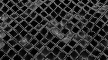 Square mesh with waves and glitter. Action. Grid of squares moves in waves on black background. Virtual grid with waves of squares video