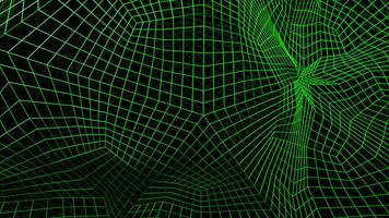 Abstract space with curving 3d grid. Design. Cyber mesh with moving geometric curves. 3D grid in cyberspace with psychedelic bends of space video