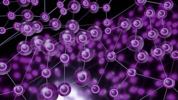 Molecules with lines move in waves. Design. Biological chains of molecular bonds moving in waves. Molecular balls are connected by lines in space video