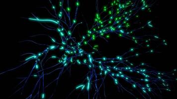 Black background.Design. Bright animation in which glowing blue lines and small green circles run around the footage and sparkle. video