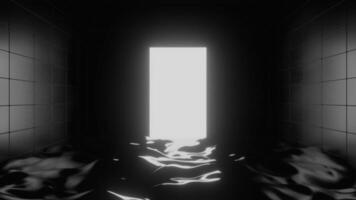 Door in the wall with neon glow in a room with walls and wet floor. Design. Surreal space with waving surface. video