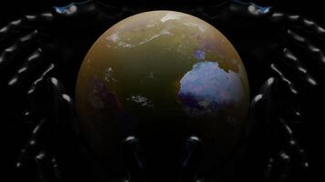 Black background with rotating planet and patterns. Design. Around its axis is a rotating planet earth made in 3D format and reflecting in different shades. video
