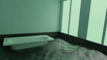 Flooded bathroom in yellow and blue colors. Design. Bathroom with water with an open window and with water on the floor made in abstraction. video