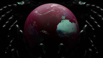 Space made in computer graphics. Design. A black background with the planet earth rotating in a circle with drawn oceans and seas and metrics. video