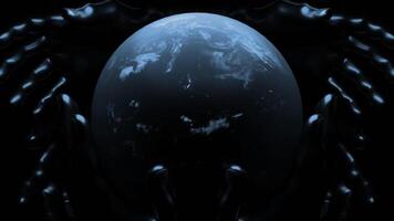 Space made in computer graphics. Design. A black background with the planet earth rotating in a circle with drawn oceans and seas and metrics. video