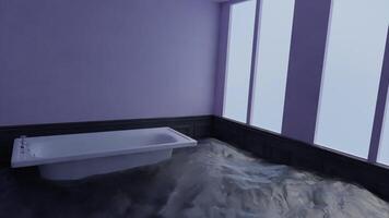 Flooded bathroom. Design. A white bath that is flooded with water made in computer graphics. video