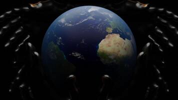 The rotating planet Earth. Design. A black background with the Earth making a defense around its axis in abstraction. video