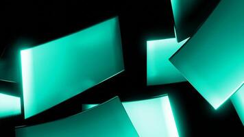 Abstract rotating neon tiles with glowing edges on a black background. Design. Spinning thin green tiles. video