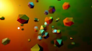Polygonal balls randomly move in space. Design. Lots of flying geometric balls in colorful space. Chaotic flow of flying polygonal balls video