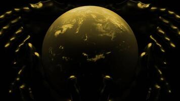 Black background with green and yellow patterns. Design. The illuminated planet earth made in abstraction is rapidly rotating around its axis. video