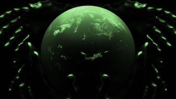 Black background with green and yellow patterns. Design. The illuminated planet earth made in abstraction is rapidly rotating around its axis. video