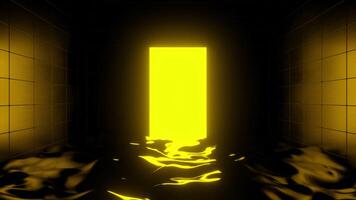 Door in the wall with neon glow in a room with walls and wet floor. Design. Surreal space with waving surface. video