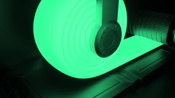 Yellow and green wrapping tape. Design. A large device rotating a special ribbon of a bright shade made in abstraction. video