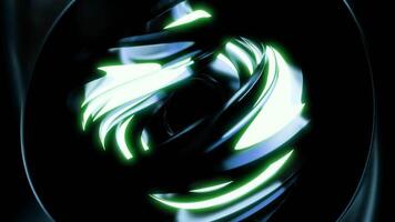 Moving abstract ball with glowing lines and metallic texture. Design. Futuristic ball rotates with metal curves and neon line. Abstract 3d ball rotating with neon light video
