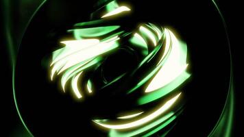 Moving abstract ball with glowing lines and metallic texture. Design. Futuristic ball rotates with metal curves and neon line. Abstract 3d ball rotating with neon light video