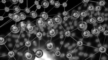Molecules with lines move in waves. Design. Biological chains of molecular bonds moving in waves. Molecular balls are connected by lines in space video