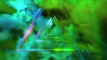 Triangular tunnel with colorful clouds. Design. Surreal world of clouds and metal silhouettes of figures. video