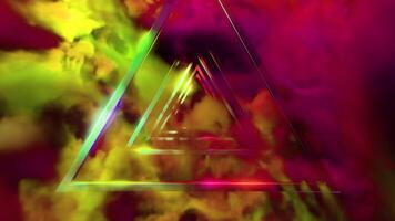 Bright contrasting clouds and triangular tunnel. Design. Flying inside beautiful corridor of geometric shapes. video