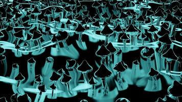 Black background with turquoise backlight. Design. Small mushrooms with a long leg that scatter in different directions in the animation. video