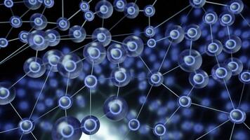 Molecular networks in virtual space. Design. 3D molecules with nucleus in biological compounds. Networks of molecules and lines in virtual space video