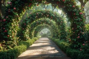 A Foggy Morning Walk Through A Rose-Covered Archway in a Lush Garden photo