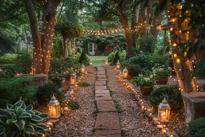 Evening Ambiance in a Lush Garden With String Lights photo