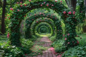 A Foggy Morning Walk Through A Rose-Covered Archway in a Lush Garden photo