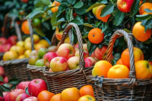Rows of Orange and Apple Trees in a Fruit Orchard at Sunset photo