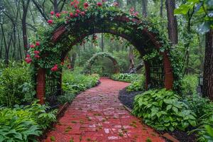 A Foggy Morning Walk Through A Rose-Covered Archway in a Lush Garden photo