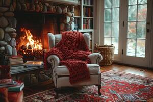 Cozy Armchair By The Fireplace On A Snowy Day photo