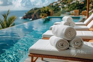 A Long Infinity Pool With Palm Trees and Ocean Views in a Sunny Resort photo
