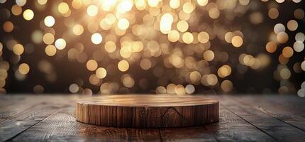 Wooden Round Tabletop With Golden Bokeh Lights Background photo