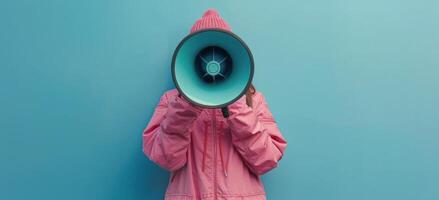 Woman Holding Pink Megaphone in Front of Face Against Blue Background photo