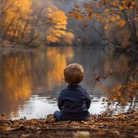 Young Boy Sitting by River in Autumn photo