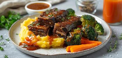 Slow Cooked Ribs With Mashed Potatoes and Carrots photo