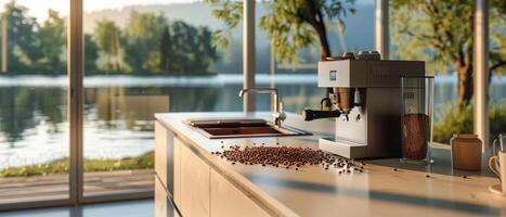 Coffee Machine Making Espresso On Kitchen Counter Near Window photo