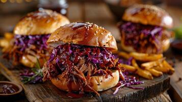 Close Up of Delicious Pulled Pork Sandwiches With Coleslaw on a Wooden Cutting Board photo