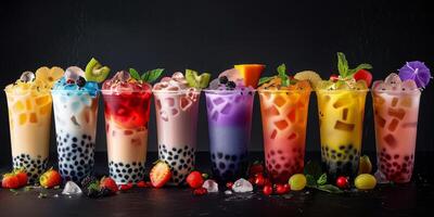 Colorful Bubble Tea Drinks With Boba Pearls On A Black Countertop photo