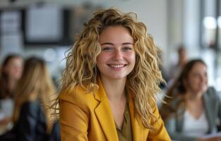 Smiling Woman In Yellow Blazer Sitting In An Office photo