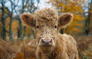 Young Highland Cow Portrait in Autumn Forest photo