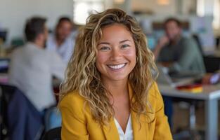 Smiling Woman In Yellow Blazer Sitting In An Office photo